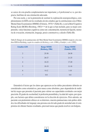 se carece de esta prueba complementaria tan importante y el profesional se ve, por des-
gracia, huérfano de una orientación adecuada.
Por esta razón, y sin la pretensión de sustituir la exploración neuropsicológica, com-
plementamos la GDS con los resultados de dos estudios que la correlacionan con el Mini-
Mental State Examination (MMSE) (Folstein, 1975)14 (Tabla II), o con la Brief Cognitive
Rating Scale (BCRS) (Reisberg, 1983)15,16 de la que se han incluido, para su mejor com-
prensión, varias funciones cognitivas como son: concentración, memoria de fijación, memo-
ria de evocación, orientación, lenguaje, praxis constructiva y cálculo (Tabla III).
EL TALLER DE ESTIMULACIÓN COGNITIVA
24
Estadios GDS Rango MMSE Rango MMSE
(Reisberg, 1986) (Eisdofer, 1992)
2 25-30 26-30
3 20-27 21-25
4 16-23 17-20
5 10-19 11-16
6 0-12 1-10
7 0-0 0-0
Tabla II. Rangos de las puntuaciones del Mini-Mental State Examination (MMSE) respecto a los esta-
dios GDS de Reisberg, según los estudios de Reisberg y cols. (1986) y Eisdofer y cols. (1992).
Entenderá el lector que los datos que aparecen en las tablas precedentes deberán ser
considerados como orientativos, pero nunca como absolutos, pues dependerán de multi-
tud de rasgos que presente el paciente para valorar sus capacidades residuales con mejor
precisión. El grado de escolaridad, la profesión premórbida y la edad del sujeto, por ejem-
plo, son factores que deben considerarse en la elección de ejercicios. Pero además, un
paciente con predominio afásico en su deterioro, muestra puntuaciones más pobres debi-
do a las dificultades de lenguaje; una persona con elevado grado de ansiedad ante el com-
promiso de obtener buenos resultados, precisará tareas que pueda resolver con holgura.
 