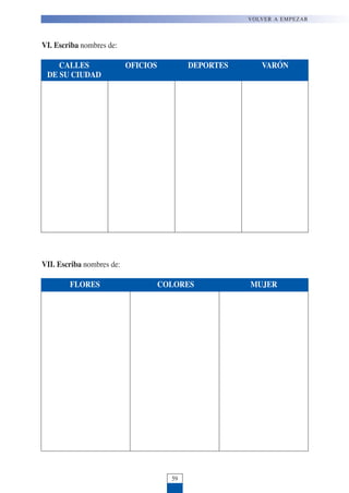 VOLVER A EMPEZAR
59
CALLES OFICIOS DEPORTES VARÓN
DE SU CIUDAD
FLORES COLORES MUJER
VI. Escriba nombres de:
VII. Escriba nombres de:
 