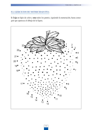 P.2. EJERCICIOS DE MOTRICIDAD FINA
I. Coja un lápiz de color y una todos los puntos, siguiendo la numeración, hasta conse-
guir que aparezca el dibujo de la figura.
VOLVER A EMPEZAR
77
 