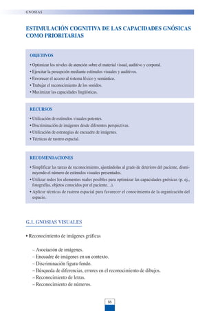 ESTIMULACIÓN COGNITIVA DE LAS CAPACIDADES GNÓSICAS
COMO PRIORITARIAS
G.1. GNOSIAS VISUALES
• Reconocimiento de imágenes gráficas
– Asociación de imágenes.
– Encuadre de imágenes en un contexto.
– Discriminación figura-fondo.
– Búsqueda de diferencias, errores en el reconocimiento de dibujos.
– Reconocimiento de letras.
– Reconocimiento de números.
86
GNOSIAS
OBJETIVOS
• Optimizar los niveles de atención sobre el material visual, auditivo y corporal.
• Ejercitar la percepción mediante estímulos visuales y auditivos.
• Favorecer el acceso al sistema léxico y semántico.
• Trabajar el reconocimiento de los sonidos.
• Maximizar las capacidades lingüísticas.
RECURSOS
• Utilización de estímulos visuales potentes.
• Discriminación de imágenes desde diferentes perspectivas.
• Utilización de estrategias de encuadre de imágenes.
• Técnicas de rastreo espacial.
RECOMENDACIONES
• Simplificar las tareas de reconocimiento, ajustándolas al grado de deterioro del paciente, dismi-
nuyendo el número de estímulos visuales presentados.
• Utilizar todos los elementos reales posibles para optimizar las capacidades gnósicas (p. ej.,
fotografías, objetos conocidos por el paciente…).
• Aplicar técnicas de rastreo espacial para favorecer el conocimiento de la organización del
espacio.
 