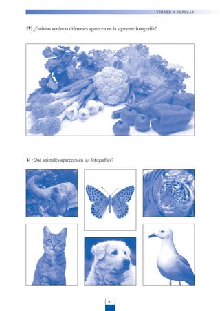 IV. ¿Cuántas verduras diferentes aparecen en la siguiente fotografía?
V. ¿Qué animales aparecen en las fotografías?
91
VOLVER A EMPEZAR
 