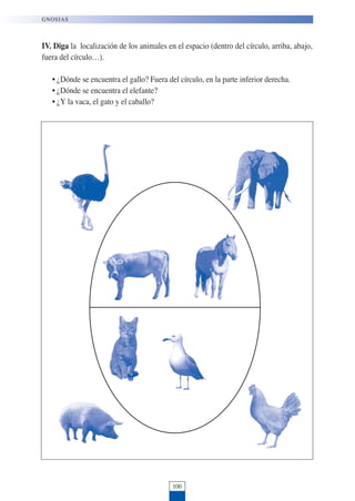 IV. Diga la localización de los animales en el espacio (dentro del círculo, arriba, abajo,
fuera del círculo…).
• ¿Dónde se encuentra el gallo? Fuera del círculo, en la parte inferior derecha.
• ¿Dónde se encuentra el elefante?
• ¿Y la vaca, el gato y el caballo?
100
GNOSIAS
 