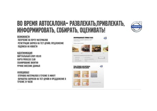 Во время автосалона– развлекать,привлекать,
информировать, собирать, оценивать!
Возможности
 получение на почту материалов
 регистрация запроса на тест-драйв, предложение
 подписка на новости

Идентификация
Виртуальный ключ Volvo
карта Privilege Club
сканирование визитки
ручное внесение данных

Функционал
 отправка материалов в течение 15 минут
 обработка запросов на тест-драйв и преддожение в
течение 24 часов
 