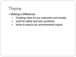 Theme
? Making a Difference
? Creating value for our customers and society
? work for safety and zero accidents
? strive to reduce our environmental impact
 