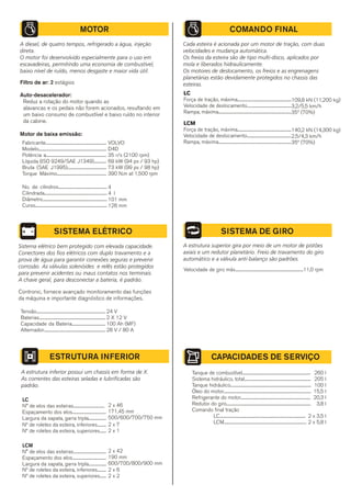 A diesel, de quatro tempos, refrigerado a água, injeção
direta.
O motor foi desenvolvido especialmente para o uso em
escavadeiras, permitindo uma economia de combustível,
baixo nível de ruído, menos desgaste e maior vida útil.
Filtro de ar: 2 estágios
Motor de baixa emissão:
Fabricante....................................................................
Modelo...........................................................................
Potência a....................................................................
Líquida (ISO 9249/SAE J1349)..............
Bruta (SAE J1995)............................................
Torque Máximo........................................................
No. de cilindros.......................................................
Cilindrada.....................................................................
Diâmetro........................................................................
Curso.................................................................................
4
4 l
101 mm
126 mm
VOLVO
D4D
35 r/s (2100 rpm)
69 kW (94 ps / 93 hp)
73 kW (99 ps / 98 hp)
390 N.m at 1,500 rpm
Auto-desacelerador:
Reduz a rotação do motor quando as
alavancas e os pedais não forem acionados, resultando em
um baixo consumo de combustível e baixo ruído no interior
da cabine.
MOTOR
SISTEMA ELÉTRICO
Sistema elétrico bem protegido com elevada capacidade.
Conectores dos fios elétricos com duplo travamento e a
prova de água para garantir conexões seguras e prevenir
corrosão. As válvulas solenóides e relês estão protegidos
para prevenir acidentes ou maus contatos nos terminais.
A chave geral, para desconectar a bateria, é padrão.
Contronic, fornece avançado monitoramento das funções
da máquina e importante diagnóstico de informações.
Tensão............................................................................
Baterias..........................................................................
Capacidade da Bateria......................................
Alternador......................................................................
24 V
2 X 12 V
100 Ah (MF)
28 V / 80 A
ESTRUTURA INFERIOR
A estrutura inferior possui um chassis em forma de X.
As correntes das esteiras seladas e lubrificadas são
padrão.
2 x 46
171,45 mm
500/600/700/750 mm
2 x 7
2 x 1
LC
N° de elos das esteiras...................................
Espaçamento dos elos......................................
Largura da sapata, garra tripla....................
Nº de roletes da esteira, inferiores..........
Nº de roletes da esteira, superiores.......
2 x 42
190 mm
600/700/800/900 mm
LCM
N° de elos das esteiras.....................................
Espaçamento dos elos......................................
Largura da sapata, garra tripla....................
Nº de roletes da esteira, inferiores..........
Nº de roletes da esteira, superiores.......
2 x 6
2 x 2
CAPACIDADES DE SERVIÇO
Tanque de combustível.............................................................................
Sistema hidráulico, total...........................................................................
Tanque hidráulico...........................................................................................
Óleo do motor...................................................................................................
Refrigerante do motor...............................................................................
Redutor do giro...............................................................................................
Comando final tração
LC.................................................................................................
LCM.............................................................................................
260 l
205 l
100 l
15,5 l
20,3 l
3,8 l
2 x 3,5 l
2 x 5,8 l
SISTEMA DE GIRO
A estrutura superior gira por meio de um motor de pistões
axiais e um redutor planetário. Freio de travamento do giro
automático e a válvula anti-balanço são padrões.
Velocidade de giro máx.............................................................................11,0 rpm
COMANDO FINAL
Cada esteira é acionada por um motor de tração, com duas
velocidades e mudança automática.
Os freios da esteira são de tipo multi-disco, aplicados por
mola e liberados hidraulicamente.
Os motores de deslocamento, os freios e as engrenagens
planetárias estão devidamente protegidos no chassis das
esteiras.
LC
Força de tração, máxima.............................................................
Velocidade de deslocamento..................................................
Rampa, máxima..................................................................................
109,8 kN (11,200 kg)
3,2/5,5 km/h
35º (70%)
LCM
Força de tração, máxima.............................................................
Velocidade de deslocamento..................................................
Rampa, máxima..................................................................................
140,2 kN (14,300 kg)
2,5/4,3 km/h
35º (70%)
 
