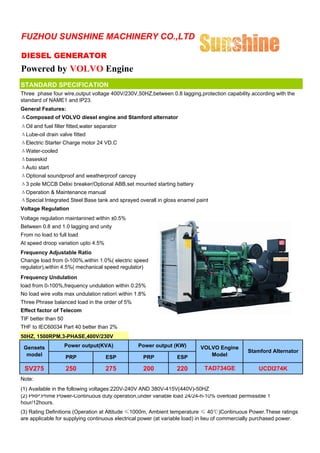 FUZHOU SUNSHINE MACHINERY CO.,LTD

DIESEL GENERATOR
Powered by VOLVO Engine
STANDARD SPECIFICATION
Three phase four wire,output voltage 400V/230V,50HZ,between 0.8 lagging,protection capability according with the
standard of NAME1 and IP23.
General Features:
ΔComposed of VOLVO diesel engine and Stamford alternator
ΔOil and fuel filter fitted,water separator
ΔLube-oil drain valve fitted
ΔElectric Starter Charge motor 24 VD.C
ΔWater-cooled
Δbaseskid
ΔAuto start
ΔOptional soundproof and weatherproof canopy
Δ3 pole MCCB Delixi breaker/Optional ABB,set mounted starting battery
ΔOperation & Maintenance manual
ΔSpecial Integrated Steel Base tank and sprayed overall in gloss enamel paint
Voltage Regulation
Voltage regulation maintanined within ±0.5%
Between 0.8 and 1.0 lagging and unity
From no load to full load
At speed droop variation upto 4.5%
Frequency Adjustable Ratio
Change load from 0-100%,within 1.0%( electric speed
regulator),within 4.5%( mechanical speed regulator)
Frequency Undulation
load from 0-100%,frequency undulation within 0.25%
No load wire volts max undulation ration within 1.8%
Three Phrase balanced load in the order of 5%
Effect factor of Telecom
TIF better than 50
THF to IEC60034 Part 40 better than 2%
50HZ, 1500RPM,3-PHASE,400V/230V

 Gensets             Power output(KVA)           Power output (KW)         VOLVO Engine
                                                                                               Stamford Alternator
  model              PRP              ESP          PRP           ESP          Model

 SV275               250              275          200           220        TAD734GE               UCDI274K
Note:
(1) Available in the following voltages:220V-240V AND 380V-415V(440V)-50HZ
(2) PRP:Prime Power-Continuous duty operation,under variable load 24/24-h-10% overload permissible 1
hour/12hours.
(3) Rating Definitions (Operation at Altitude ≤1000m, Ambient temperature ≤ 40℃)Continuous Power.These ratings
are applicable for supplying continuous electrical power (at variable load) in lieu of commercially purchased power.
 