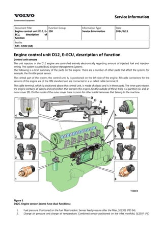 Service Information
Document Title: Function Group: Information Type: Date:
Engine control unit D12, E–
ECU, description of
function
200 Service Information 2014/6/13
Profile:
ART, A40D [GB]
Engine control unit D12, E–ECU, description of function
Control unit sensors
The unit injectors in the D12 engine are controlled entirely electronically regarding amount of injected fuel and injection
timing. The system is called EMS (Engine Management System).
The following is a brief summary of the parts on the engine. There are a number of other parts that affect the system, for
example, the throttle pedal sensor.
The central part of the system, the control unit, A, is positioned on the left side of the engine. All cable connectors for the
sensors of the engine are of the DIN standard and are connected in a so called cable terminal, B.
The cable terminal, which is positioned above the control unit, is made of plastic and is in three parts. The inner part nearest
the engine contains all cables and connectors that concern the engine. On the outside of these there is a partition (C) and an
outer cover (D). On the inside of the outer cover there is room for other cable harnesses that belong to the machine.
Figure 1
D12C. Engine sensors (some have dual functions)
1.
2.
Fuel pressure. Positioned on the fuel filter bracket. Senses feed pressure after the filter, SE2301 (PID 94).
Charge air pressure and charge air temperature. Combined sensor positioned on the inlet manifold, SE2507 (PID
 