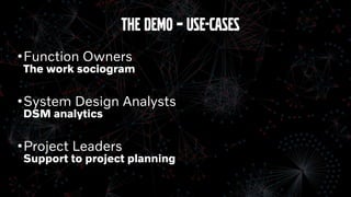 •Function Owners
The work sociogram
•System Design Analysts
DSM analytics
•Project Leaders
Support to project planning
The Demo – Use-Cases
 