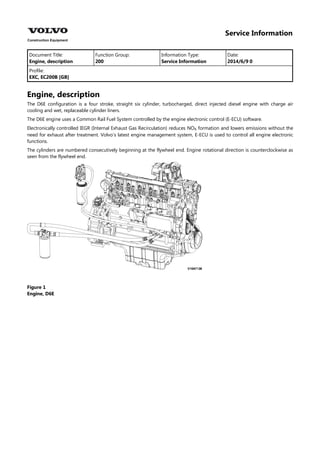 Service Information
Document Title: Function Group: Information Type: Date:
Engine, description 200 Service Information 2014/6/9 0
Profile:
EXC, EC200B [GB]
Engine, description
The D6E configuration is a four stroke, straight six cylinder, turbocharged, direct injected diesel engine with charge air
cooling and wet, replaceable cylinder liners.
The D6E engine uses a Common Rail Fuel System controlled by the engine electronic control (E-ECU) software.
Electronically controlled IEGR (Internal Exhaust Gas Recirculation) reduces NO formation and lowers emissions without the
need for exhaust after treatment. Volvo's latest engine management system, E-ECU is used to control all engine electronic
functions.
The cylinders are numbered consecutively beginning at the flywheel end. Engine rotational direction is counterclockwise as
seen from the flywheel end.
Figure 1
Engine, D6E
 