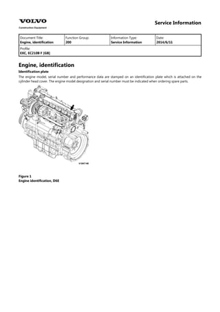 Service Information
Document Title: Function Group: Information Type: Date:
Engine, identification 200 Service Information 2014/6/11
Profile:
EXC, EC210B F [GB]
Engine, identification
Identification plate
The engine model, serial number and performance data are stamped on an identification plate which is attached on the
cylinder head cover. The engine model designation and serial number must be indicated when ordering spare parts.
Figure 1
Engine identification, D6E
 