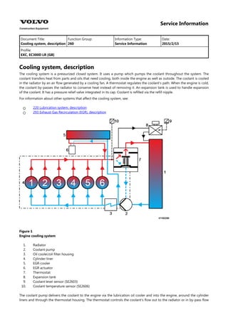 Service Information
Document Title: Function Group: Information Type: Date:
Cooling system, description 260 Service Information 2015/2/15
Profile:
EXC, EC300D LR [GB]
Cooling system, description
The cooling system is a pressurized closed system. It uses a pump which pumps the coolant throughout the system. The
coolant transfers heat from parts and oils that need cooling, both inside the engine as well as outside. The coolant is cooled
in the radiator by an air flow generated by a cooling fan. A thermostat regulates the coolant's path. When the engine is cold,
the coolant by-passes the radiator to conserve heat instead of removing it. An expansion tank is used to handle expansion
of the coolant. It has a pressure relief valve integrated in its cap. Coolant is refilled via the refill nipple.
For information about other systems that affect the cooling system, see:


220 Lubrication system, description
293 Exhaust Gas Recirculation (EGR), description
Figure 1
Engine cooling system
1.
2.
3.
4.
5.
6.
7.
8.
9.
10.
Radiator
Coolant pump
Oil cooler/oil filter housing
Cylinder liner
EGR-cooler
EGR actuator
Thermostat
Expansion tank
Coolant level sensor (SE2603)
Coolant temperature sensor (SE2606)
The coolant pump delivers the coolant to the engine via the lubrication oil cooler and into the engine, around the cylinder
liners and through the thermostat housing. The thermostat controls the coolant's flow out to the radiator or in by-pass flow
 