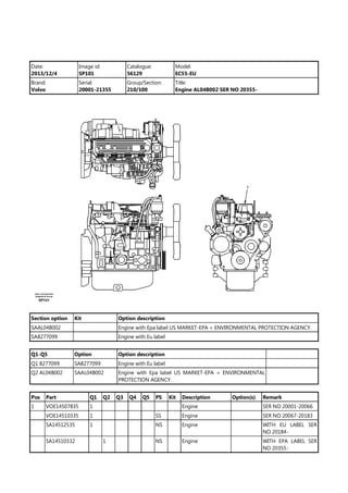Date:
2013/12/4
Image id:
SP101
Catalogue:
56129
Model:
EC55-EU
Brand:
Volvo
Serial:
20001-21355
Group/Section:
210/100
Title:
Engine AL04B002 SER NO 20355-
Section option Kit Option description
SAAL04B002 Engine with Epa label US MARKET-EPA = ENVIRONMENTAL PROTECTION AGENCY.
SA8277099 Engine with Eu label
Q1-Q5 Option Option description
Q1 8277099 SA8277099 Engine with Eu label
Q2 AL04B002 SAAL04B002 Engine with Epa label US MARKET-EPA = ENVIRONMENTAL
PROTECTION AGENCY.
Pos Part Q1 Q2 Q3 Q4 Q5 PS Kit Description Option(s) Remark
1 VOE14507835 1 Engine SER NO 20001-20066
VOE14510335 1 SS Engine SER NO 20067-20183
SA14512535 1 NS Engine WITH EU LABEL SER
NO 20184-
SA14510332 1 NS Engine WITH EPA LABEL SER
NO 20355-
 