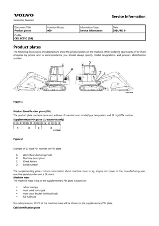 Service Information
Document Title: Function Group: Information Type: Date:
Product plates 000 Service Information 2014/4/3 0
Profile:
CEX, EC55C [GB]
Product plates
The following illustrations and descriptions show the product plates on the machine. When ordering spare parts or for short
enquiries by phone and in correspondence you should always specify model designations and product identification
number.
Figure 1
Product Identification plate (PIN)
The product plate contains name and address of manufacturer, model/type designation and 17 digit PIN number.
Supplementary PIN plate (EU countries only)
Figure 2
Example of 17 digit PIN number on PIN plate
A.
B.
C.
D.
World Manufacturing Code
Machine description
Check letters
Serial number
The supplementary plate contains information about machine mass in kg, engine net power in Kw, manufacturing year,
machine serial number and a CE-mark.
Machine mass
The machine mass in kg on the supplementary PIN plate is based on:




cab or canopy
most used track type
most usual bucket (without load)
full fuel tank
For safety reasons, 103 % of the machine mass will be shown on the supplementary PIN plate.
Cab identification plate
 