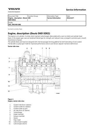 Service Information
Document Title: Function Group: Information Type: Date:
Engine, description (Deutz
D6D EOE2)
200 Service Information 2014/4/27
Profile:
EXC, EW145B [GB]
Go back to Index Page
Engine, description (Deutz D6D EOE2)
The engine is a 6–cylinder, 4–stroke, direct injected, turbocharged, aftercooled with a cast iron block and cylinder head.
Gears in the engine gear case are hardened helical type for strength and reduced noise, arranged to provide quiet, smooth
transmission of power.
The cylinder block and head are designed with internal passages forming galleries for both lubricating oil and coolant.
The fan belt is a poly type V-belt for improved performance and an auto tension adjuster maintains belt tension.
Starter side view
Figure 1
Engine, starter side view
1.
2.
3.
4.
5.
6.
7.
8.
9.
10.
11.
Coolant inlet (from radiator)
Coolant outlet (to radiator)
Coolant make up port
Air inlet (from air cleaner)
Turbocharger
Intake manifold
Exhaust manifold
Starter
Poly-V belt
Lube oil pipe (supply)
Lube oil pipe (return)
 
