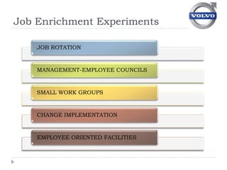 Job Enrichment Experiments

    JOB ROTATION


    MANAGEMENT-EMPLOYEE COUNCILS


    SMALL WORK GROUPS


    CHANGE IMPLEMENTATION


    EMPLOYEE ORIENTED FACILITIES
 