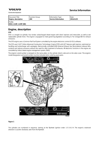 Service Information
Document Title: Function Group: Information Type: Date:
Engine, description 200 Service Information 2014/4/29
Profile:
WLO, L110F, L120F [GB]
Engine, description
D7E
D7E is a straight six-cylinder, four-stroke, turbocharged diesel engine with direct injection and intercooler, as well as wet
replaceable cylinder liners. The engine is equipped to meet governing legislation according to Tier 3/stage IIIA for exhaust
emissions.
The D7E engine uses a Common Rail Fuel System controlled by the engine electronic control (E-ECU) software.
The D7E uses V-ACT (Volvo Advanced Combustion Technology). Engine D7EV with ACT features split injection, optimized air
handling and turbocharger with wastegate. Electronically controlled IEGR (Internal Exhaust Gas Recirculation) reduces NO
contents and reduces emissions without the need for after-treatment of exhausts. All electronic functions in the engine are
controlled by Volvo's latest engine management system, EMS2.
The engine's serial number is stamped on the name plate, on the cylinder block's side and on the valve cover. The engine's
model designation and serial number must be indicated when ordering spare parts.
Figure 1
The cylinders are numbered in sequence, starting at the flywheel. Ignition order: 1-5-3-6-2-4. The engine's rotational
direction is counter-clockwise, seen from the flywheel.
 