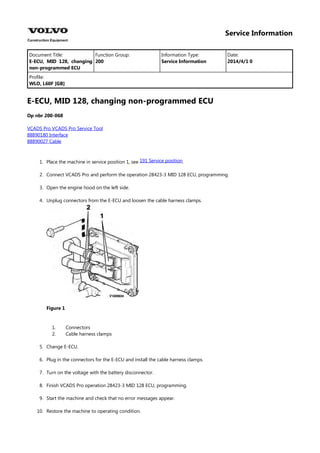 Service Information
Document Title: Function Group: Information Type: Date:
E-ECU, MID 128, changing
non-programmed ECU
200 Service Information 2014/4/1 0
Profile:
WLO, L60F [GB]
E-ECU, MID 128, changing non-programmed ECU
Op nbr 200-068
VCADS Pro VCADS Pro Service Tool
88890180 Interface
88890027 Cable
1. Place the machine in service position 1, see .
191 Service position
2. Connect VCADS Pro and perform the operation 28423-3 MID 128 ECU, programming.
3. Open the engine hood on the left side.
4. Unplug connectors from the E-ECU and loosen the cable harness clamps.
Figure 1
1.
2.
Connectors
Cable harness clamps
5. Change E-ECU.
6. Plug in the connectors for the E-ECU and install the cable harness clamps.
7. Turn on the voltage with the battery disconnector.
8. Finish VCADS Pro operation 28423-3 MID 128 ECU, programming.
9. Start the machine and check that no error messages appear.
10. Restore the machine to operating condition.
 