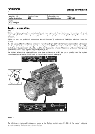 Service Information
Document Title: Function Group: Information Type: Date:
Engine, description 200 Service Information 2014/4/1 0
Profile:
WLO, L60F [GB]
Engine, description
D6E
D6E is a straight six-cylinder, four-stroke, turbocharged diesel engine with direct injection and intercooler, as well as wet,
replaceable cylinder liners. The engine is equipped to meet governing legislation according to Tier 3/stage IIIA for exhaust
emissions.
Engine D6E has a fuel system with Common Rail, which is controlled by the software in the engine's electronic control unit
(E-ECU).
The D6E uses V-ACT (Volvo Advanced Combustion Technology). Engine D6EV with ACT features split injection, optimized air
handling and, turbocharger with wastegate. Electronically controlled IEGR (Internal Exhaust Gas Recirculation) reduces NO
contents and reduces emissions without the need for after-treatment of exhausts. All electronic functions in the engine are
controlled by Volvo's latest engine management system, EMS2.
The engine's serial number is stamped on the name plate, on the cylinder block's side and on the valve cover. The engine's
model designation and serial number must be indicated when ordering spare parts.
Figure 1
The cylinders are numbered in sequence, starting at the flywheel. Ignition order: 1-5-3-6-2-4. The engine's rotational
direction is counter-clockwise, seen from the flywheel.
 