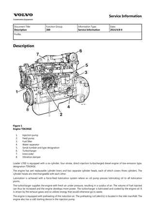 Service Information
Document Title: Function Group: Information Type: Date:
Description 200 Service Information 2014/4/8 0
Profile:
Description
Figure 1
Engine TD63KGE
1.
2.
3.
4.
5.
6.
7.
8.
Injection pump
Feed pump
Fuel filter
Water separator
Serial number and type designation
Turbocharger
Intercooler
Vibration damper
Loader L70D is equipped with a six-cylinder, four-stroke, direct-injection turbocharged diesel engine of low-emission type,
designation TD63KGE.
The engine has wet replaceable cylinder liners and two separate cylinder heads, each of which covers three cylinders. The
cylinder heads are interchangeable with each other.
Lubrication is achieved with a force-feed lubrication system where an oil pump presses lubricating oil to all lubrication
points.
The turbocharger supplies the engine with fresh air under pressure, resulting in a surplus of air. The volume of fuel injected
can thus be increased and the engine develops more power. The turbocharger is lubricated and cooled by the engine oil. It
is driven by the exhaust gases and so utilizes energy that would otherwise go to waste.
The engine is equipped with preheating of the induction air. The preheating coil (electric) is located in the inlet manifold. The
engine also has a cold starting device in the injection pump.
 