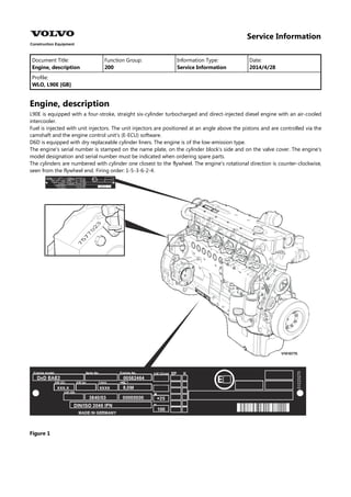 Service Information
Document Title: Function Group: Information Type: Date:
Engine, description 200 Service Information 2014/4/28
Profile:
WLO, L90E [GB]
Engine, description
L90E is equipped with a four-stroke, straight six-cylinder turbocharged and direct-injected diesel engine with an air-cooled
intercooler.
Fuel is injected with unit injectors. The unit injectors are positioned at an angle above the pistons and are controlled via the
camshaft and the engine control unit's (E-ECU) software.
D6D is equipped with dry replaceable cylinder liners. The engine is of the low-emission type.
The engine's serial number is stamped on the name plate, on the cylinder block's side and on the valve cover. The engine's
model designation and serial number must be indicated when ordering spare parts.
The cylinders are numbered with cylinder one closest to the flywheel. The engine's rotational direction is counter-clockwise,
seen from the flywheel end. Firing order: 1-5-3-6-2-4.
Figure 1
 