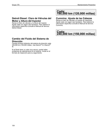 Grupo 170

Mantenimiento Preventivo

Cada:
190,000 km (120,000 millas)
Detroit Diesel: Claro de Válvulas del
Motor y Altura del Inyector
Revise el claro de válvulas y la altura del inyector.
Ajuste cada uno según sea necesario. Para obtener la
información específica consulte el Manual de Servicio
Detroit Diesel.

Cummins: Ajuste de las Cabezas
Revise el claro de válvulas y el ajuste de inyectores.
Ajuste cada uno según sea necesario. Para obtener la
información específica consulte el Manual de Servicio
Cummins.

Cada:
240,000 km (150,000 millas)
Cambio del Fluido del Sistema de
Dirección
Cambie el fluido hidráulico del sistema de dirección cada
240,000 km (150,000 millas). Use Dexron® II o Dexron®
IIl.
Si el fluido tiene un color muy oscuro, puede haber
problemas de calentamiento en el sistema. Anote en el
formato de inspección para su seguimiento.

104

 