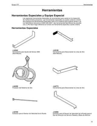 Grupo 177

Herramientas

Herramientas
Herramientas Especiales y Equipo Especial
Las siguientes herramientas especiales se recomiendan para usarse en la inspección
de mantenimiento preventivo. Las herramientas especiales se pueden ordenar a través
del programa de Herramientas Especiales Volvo en el sistema para ordenar partes o ya
con Kent-Moore llamando al (800) 328–6657. (las herramientas Kent-Moore las precede
una J.) Por favor haga referencia al número de herramienta específica cuando ordene.

Herramientas Especiales

J-42942
Herramienta para Ajuste del Sensor ABS
(Kent-Moore)

J-42189
Herramienta para Desconectar la Línea de Aire
(Kent-Moore)

J-44399
Probador del Sistema de Aire

J-44773
Herramienta para Desconectar la Línea de Aire

J-44769
Extractor para el Sensor de Velocidad de la Rueda

J-44966
Extractor para el Sensor de Velocidad de la Rueda para el
Eje de Dirección de Servicio Pesado y Maza de Aliminio

15

 