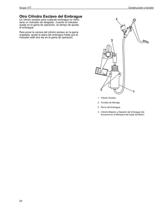 Grupo 177

Construcción y función

Otro Cilindro Esclavo del Embrague
Un cilindro esclavo para cualquier embrague no Volvo
tiene un indicador de desgaste. Cuando el indicador
quede en la gama de operación, es tiempo de ajustar
el embrague.
Para poner la carrera del cilindro esclavo en la gama
aceptada, ajuste la placa del embrague hasta que el
indicador esté otra vez en la gama de operación.

1 Cilindro Esclavo
2 Tornillos de Montaje
3 Perno del Embrague
4 Cilindro Maestro y Depósito del Embrague (Se
encuentra en la Mampara del Cople del Motor)

24

 