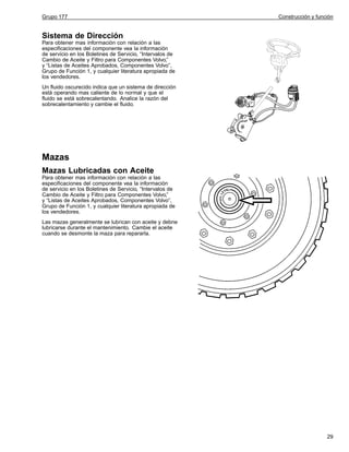 Grupo 177

Construcción y función

Sistema de Dirección
Para obtener mas información con relación a las
especificaciones del componente vea la información
de servicio en los Boletines de Servicio, “Intervalos de
Cambio de Aceite y Filtro para Componentes Volvo,”
y “Listas de Aceites Aprobados, Componentes Volvo”,
Grupo de Función 1, y cualquier literatura apropiada de
los vendedores.
Un fluido oscurecido indica que un sistema de dirección
está operando mas caliente de lo normal y que el
fluido se está sobrecalentando. Analice la razón del
sobrecalentamiento y cambie el fluido.

Mazas
Mazas Lubricadas con Aceite
Para obtener mas información con relación a las
especificaciones del componente vea la información
de servicio en los Boletines de Servicio, “Intervalos de
Cambio de Aceite y Filtro para Componentes Volvo,”
y “Listas de Aceites Aprobados, Componentes Volvo”,
Grupo de Función 1, y cualquier literatura apropiada de
los vendedores.
Las mazas generalmente se lubrican con aceite y debne
lubricarse durante el mantenimiento. Cambie el aceite
cuando se desmonte la maza para repararla.

29

 