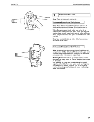 Grupo 170

Mantenimiento Preventivo

1

Lubricación del Chasís

Nota! Para vehículos VN solamente.
Rótulas de Dirección del Eje Delantero
Nota! Para obtener mas información con relación al
sistema de dirección consulte el Grupo de Función 6.
Volvo:Dos graseras en cada lado: una arriba de la
cubierta de la rótula (llene con grasa hasta que la grasa
usada rebase el sello superior), una en la cubierta inferior
(llene con grasa hasta que la grasa usada rebase el sello
inferior).
Nota! ¡La lubricación del eje Volvo debe hacerse con
las ruedas en el suelo!

Rótulas de Dirección del Eje Delantero
Nota! Antes de realizar el mantenimiento preventivo en
componentes del Eje Delantero Meritor o Eaton, por favor
consulte la literatura de servicio apropiada del vendedor
para obtener las instrucciones específicas.
Meritor y Eaton: Levante el eje para que las ruedas s
despeuen del suelo antes de intentar engrasar las rótulas
de dirección.
Dos graseras en cada lado: una arriba de la cubierta
superior de la rótula, llene con grasa hasta que la grasa
usada salga por el sello superior; una en la cubierta
inferior, llene con grasa hasta que la grasa usada salga
por el sello inferior.

37

 