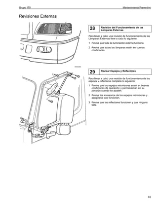 Grupo 170

Mantenimiento Preventivo

Revisiones Externas

28

Revisión del Funcionamiento de las
Lámparas Externas

Para llevar a cabo una revisión de funcionamiento de las
Lámparas Externas lleve a cabo lo siguiente:
1 Revise que toda la iluminación externa funcione.
2 Revise que todas las lámparas estén en buenas
condiciones.

W3005266

29

Revisar Espejos y Reflectores

Para llevar a cabo una revisión de funcionamiento de los
espejos y reflectores complete lo siguiente:
1 Revise que los espejos retrovisores estén en buenas
condiciones de operación y permanezcan en su
posición cuando se ajusten.
2 Revise los accesorios de los espejos retrovisores y
asegúrese que funcionen.
3 Revise que los reflectores funcionen y que ninguno
falte.

63

 