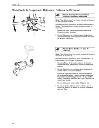Grupo 170

Mantenimiento Preventivo

Revisión de la Suspensión Delantera, Sistema de Dirección

46

Revisar Guardapolvos/Cubiertas de
Plástico y el claro de las Rótulas

Nota! Para obtener mas información consulte la literatura
en el Grupo de Función 6.
Para llevar a cabo una revisión de los Guardapolvos/Cubiertas Plásticas y el claro de las Rótulas complete lo
siguiente:
1 Revise que todos los Guardapolvos/Cubiertas de
Plástico no estén dañadas.
2 Revise el juego de las rótulas empujando y jalando
manualmente cada perno de la bola usando la fuerza
de la mano solamente.

47

Revisar Servo Bomba y la Caja de
Dirección

Nota! Para obtener mas información consulte la literatura
del Grupo de Función 6.
Para llevar a cabo una revisión de la Servo Bomba y la
Caja de Dirección complete lo siguiente:
1 Revise la flecha de dirección, eslabón de arrastre y
la barra de unión. Inspeccione el daño o el desgaste
externo.
2 Revise el juego de las rótulas empujando y jalando
con las manos cada perno de bola.
3 Revise las fugas de la caja de dirección alrededor
de las áreas de sellado y las conexiones hidráulicas.
Inspeccione los tornillos por señales de que estén
flojos o fracturados del marco a la caja, o del marco al
soporte y a la caja.
4 Revise el desgaste axial y radial del perno real.
5 Revise los daños al brazo pitman. Revise que el
tornillo de la flecha de sector no muestre señales de
que esté flojo.

76

 