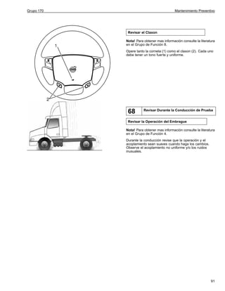 Grupo 170

Mantenimiento Preventivo

Revisar el Claxon
Nota! Para obtener mas información consulte la literatura
en el Grupo de Función 8.
Opere tanto la corneta (1) como el claxon (2). Cada uno
debe tener un tono fuerte y uniforme.

68

Revisar Durante la Conducción de Prueba

Revisar la Operación del Embrague
Nota! Para obtener mas información consulte la literatura
en el Grupo de Función 4.
Durante la conducción revise que la operación y el
acoplamiento sean suaves cuando haga los cambios.
Observe el acoplamiento no uniforme y/o los ruidos
inusuales.

91

 