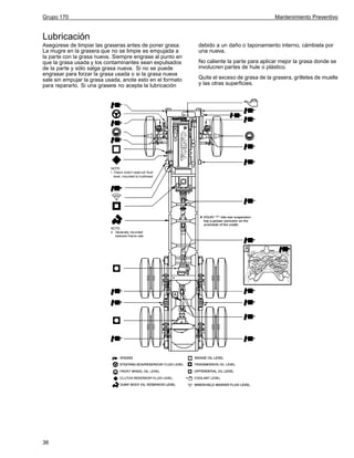 Grupo 170

Mantenimiento Preventivo

Lubricación
Asegúrese de limpiar las graseras antes de poner grasa.
La mugre en la grasera que no se limpie es empujada a
la parte con la grasa nueva. Siempre engrase al punto en
que la grasa usada y los contaminantes sean expulsados
de la parte y sólo salga grasa nueva. Si no se puede
engrasar para forzar la grasa usada o si la grasa nueva
sale sin empujar la grasa usada, anote esto en el formato
para repararlo. Si una grasera no acepta la lubricación

36

debido a un daño o taponamiento interno, cámbiela por
una nueva.
No caliente la parte para aplicar mejor la grasa donde se
involucren partes de hule o plástico.
Quite el exceso de grasa de la grasera, grilletes de muelle
y las otras superficies.

 