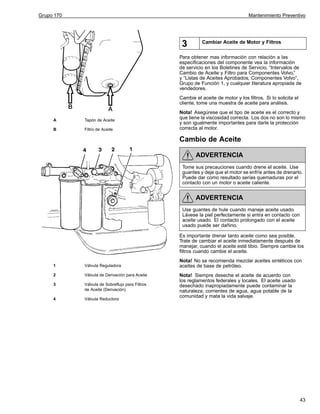 Grupo 170

Mantenimiento Preventivo

3

Cambiar Aceite de Motor y Filtros

Para obtener mas información con relación a las
especificaciones del componente vea la información
de servicio en los Boletines de Servicio, “Intervalos de
Cambio de Aceite y Filtro para Componentes Volvo,”
y “Listas de Aceites Aprobados, Componentes Volvo”,
Grupo de Función 1, y cualquier literatura apropiada de
vendedores.
Cambie el aceite de motor y los filtros. Si lo solicita el
cliente, tome una muestra de aceite para análisis.

A

Tapón de Aceite

B

Filtro de Aceite

Nota! Asegúrese que el tipo de aceite es el correcto y
que tiene la viscosidad correcta. Los dos no son lo mismo
y son igualmente importantes para darle la protección
correcta al motor.

Cambio de Aceite
ADVERTENCIA
Tome sus precauciones cuando drene el aceite. Use
guantes y deje que el motor se enfríe antes de drenarlo.
Puede dar como resultado serias quemaduras por el
contacto con un motor o aceite caliente.

ADVERTENCIA
Use guantes de hule cuando maneje aceite usado.
Lávese la piel perfectamente si entra en contacto con
aceite usado. El contacto prolongado con el aceite
usado puede ser dañino.
Es importante drenar tanto aceite como sea posible.
Trate de cambiar el aceite inmediatamente después de
manejar, cuando el aceite esté tibio. Siempre cambie los
filtros cuando cambie el aceite.
1

Válvula Reguladora

2

Válvula de Derivación para Aceite

3

Válvula de Sobreflujo para Filtros
de Aceite (Derivación)

4

Válvula Reductora

Nota! No se recomienda mezclar aceites sintéticos con
aceites de base de petróleo.
Nota! Siempre deseche el aceite de acuerdo con
los reglamentos federales y locales. El aceite usado
desechado inapropiadamente puede contaminar la
naturaleza, corrientes de agua, agua potable de la
comunidad y mata la vida salvaje.

43

 
