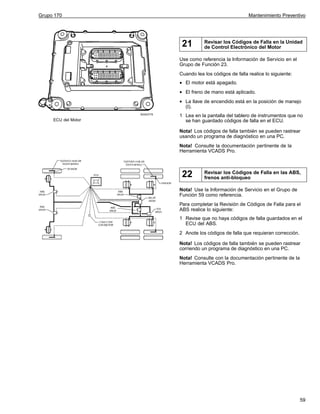 Grupo 170

Mantenimiento Preventivo

21

Revisar los Códigos de Falla en la Unidad
de Control Electrónico del Motor

Use como referencia la Información de Servicio en el
Grupo de Función 23.
Cuando lea los códigos de falla realice lo siguiente:

•
•
•
W2003778

ECU del Motor

El motor está apagado.
El freno de mano está aplicado.
La llave de encendido está en la posición de manejo
(I).

1 Lea en la pantalla del tablero de instrumentos que no
se han guardado códigos de falla en el ECU.
Nota! Los códigos de falla también se pueden rastrear
usando un programa de diagnóstico en una PC.
Nota! Consulte la documentación pertinente de la
Herramienta VCADS Pro.

22

Revisar los Códigos de Falla en las ABS,
frenos anti-bloqueo

Nota! Use la Información de Servicio en el Grupo de
Función 59 como referencia.
Para completar la Revisión de Códigos de Falla para el
ABS realice lo siguiente:
1 Revise que no haya códigos de falla guardados en el
ECU del ABS.
2 Anote los códigos de falla que requieran corrección.
Nota! Los códigos de falla también se pueden rastrear
corriendo un programa de diagnóstico en una PC.
Nota! Consulte con la documentación pertinente de la
Herramienta VCADS Pro.

59

 