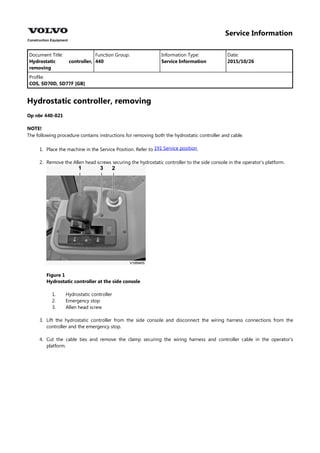 Service Information
Document Title: Function Group: Information Type: Date:
Hydrostatic controller,
removing
440 Service Information 2015/10/26
Profile:
COS, SD70D, SD77F [GB]
Hydrostatic controller, removing
Op nbr 440-021
NOTE!
The following procedure contains instructions for removing both the hydrostatic controller and cable.
1. Place the machine in the Service Position. Refer to .
191 Service position
2. Remove the Allen head screws securing the hydrostatic controller to the side console in the operator's platform.
Figure 1
Hydrostatic controller at the side console
1.
2.
3.
Hydrostatic controller
Emergency stop
Allen head screw
3. Lift the hydrostatic controller from the side console and disconnect the wiring harness connections from the
controller and the emergency stop.
4. Cut the cable ties and remove the clamp securing the wiring harness and controller cable in the operator's
platform.
 