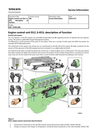 Service Information
Document Title: Function Group: Information Type: Date:
Engine control unit D12, E–
ECU, description of
function
200 Service Information 2014/7/15
Profile:
ART, T450D [GB]
Engine control unit D12, E–ECU, description of function
Control unit sensors
The unit injectors in the D12 engine are controlled entirely electronically regarding amount of injected fuel and injection
timing. The system is called EMS (Engine Management System).
The following is a brief summary of the parts on the engine. There are a number of other parts that affect the system, for
example, the throttle pedal sensor.
The central part of the system, the control unit, A, is positioned on the left side of the engine. All cable connectors for the
sensors of the engine are of the DIN standard and are connected in a so called cable terminal, B.
The cable terminal, which is positioned above the control unit, is made of plastic and is in three parts. The inner part nearest
the engine contains all cables and connectors that concern the engine. On the outside of these there is a partition (C) and an
outer cover (D). On the inside of the outer cover there is room for other cable harnesses that belong to the machine.
Figure 1
D12C. Engine sensors (some have dual functions)
1.
2.
Fuel pressure. Positioned on the fuel filter bracket. Senses feed pressure after the filter, SE2301 (PID 94).
Charge air pressure and charge air temperature. Combined sensor positioned on the inlet manifold, SE2507 (PID
 