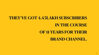 THEY’VE GOT 4.45LAKH SUBSCRIBERS


IN THE COURSE


OF 11 YEARS FOR THEIR


BRAND CHANNEL.
11
 