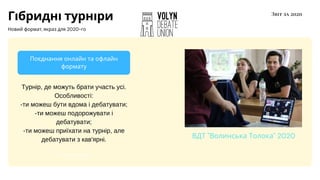 Поєднання онлайн та офлайн
формату
1
Time: 5 minutes
Г бридн турн ри
Новий формат, якраз для 2020-го
Звіт за 2020
ВДТ "Вол...