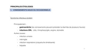 17
PRINCIPALES ÉTIOLOGIES
1. VOMISSEMENTS AIGUS OU OCCASIONNELS
Syndrome infectieux évident
Principalement :
- gastroentérite (les vomissements peuvent précéder la diarrhée de plusieurs heures)
- infections ORL : otite, rhinopharyngite, angine, stomatite
Autres causes :
- infection urinaire
- méningite
- infection respiratoire (coqueluche émétisante)
- hépatite
 