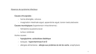 18
Absence de syndrome infectieux
Causes chirurgicales :
- hernie étranglée, volvulus
- invagination intestinale aiguë, appendicite aiguë, torsion testicule/ovaire
Causes neurologiques (hypertension intracrânienne) :
- hématome sous/extra-dural
- tumeur cérébrale
Autres causes :
- hypoglycémie, acidocétose diabétique
- toxiques : hypervitaminose A et D
- allergies alimentaires : allergie aux protéines du lait de vache, anaphylaxie
 