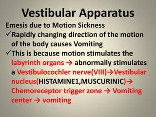 Vestibular Apparatus
Emesis due to Motion Sickness
Rapidly changing direction of the motion
of the body causes Vomiting
This is because motion stimulates the
labyrinth organs → abnormally stimulates
a Vestibulocochler nerve(VIII)→Vestibular
nucleus(HISTAMINE1,MUSCURINIC)→
Chemoreceptor trigger zone → Vomiting
center → vomiting
 