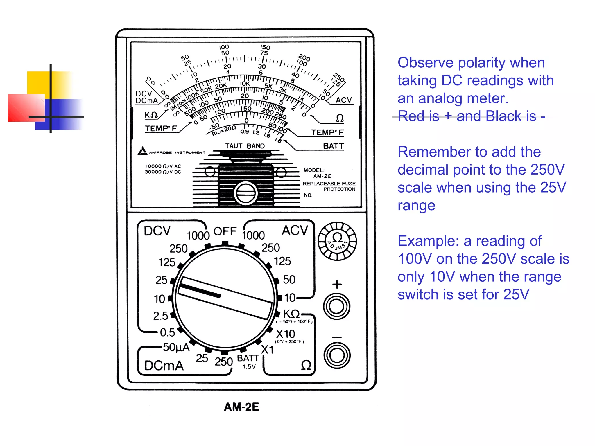 Observe polarity when
taking DC readings with
an analog meter.
Red is + and Black is -

Remember to add the
decimal point to the 250V
scale when using the 25V
range

Example: a reading of
100V on the 250V scale is
only 10V when the range
switch is set for 25V
 