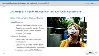 15
Die Aufgaben des I³-Monitorings bei LANCOM Systems /2
Erfolg messen und Themen finden
Issue Monitoring
Inklusive Wettbe...