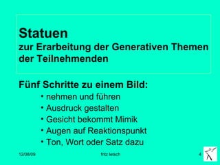 Statuen  zur Erarbeitung der Generativen Themen der Teilnehmenden Fünf Schritte zu einem Bild: nehmen und führen Ausdruck gestalten Gesicht bekommt Mimik Augen auf Reaktionspunkt Ton, Wort oder Satz dazu 