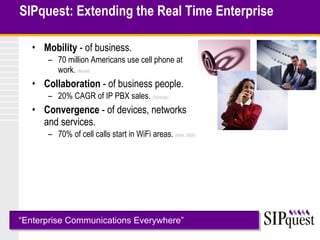 SIPquest: Extending the Real Time Enterprise Mobility  - of business. 70 million Americans use cell phone at work.  (Nortel) Collaboration  - of business people. 20% CAGR of IP PBX sales.  (Synergy) Convergence  - of devices, networks and services. 70% of cell calls start in WiFi areas.  (RHK, 2005) “ Enterprise Communications Everywhere” 