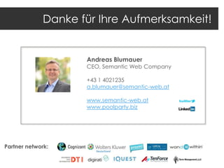 Danke für Ihre Aufmerksamkeit!

Andreas Blumauer

CEO, Semantic Web Company
+43 1 4021235
a.blumauer@semantic-web.at

www.semantic-web.at
www.poolparty.biz

Partner network:

 