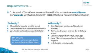 Von der Idee zur Lösung in Rekordzeit 14 | 33
Requirements vs. …
“... the result of the software requirements specificatio...