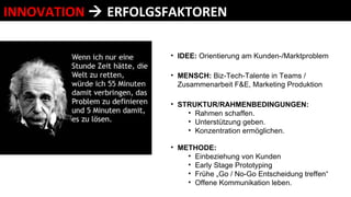 INNOVATION     ERFOLGSFAKTOREN  IDEE:  Orientierung am Kunden-/Marktproblem MENSCH:  Biz-Tech-Talente in Teams / Zusammenarbeit F&E, Marketing Produktion  METHODE:   Einbeziehung von Kunden Early Stage Prototyping Frühe „Go / No-Go Entscheidung treffen“ Offene Kommunikation leben. Rahmenbedingungen STRUKTUR/RAHMENBEDINGUNGEN:  Rahmen schaffen. Unterstützung geben. Konzentration ermöglichen. 