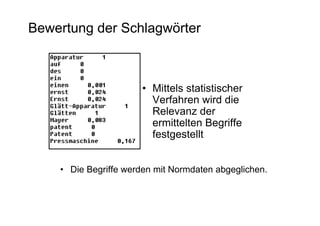 Bewertung der Schlagwörter



                       • Mittels statistischer
                         Verfahren wird die
                         Relevanz der
                         ermittelten Begriffe
                         festgestellt


    • Die Begriffe werden mit Normdaten abgeglichen.
 